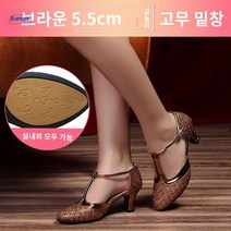 글리터 스포츠 라틴 댄스 모던 스포츠댄스화 미들힐 사교 여성 라인 댄스화, 38, 5.5cm 커피색고무창