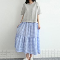 퍼니걸스 반팔 허리밴딩 배색 체크 롱 원피스 1071