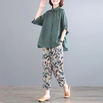 빅사이즈 상하 세트 봄 여름 엄마 면마 린넨 카라 밴드허리
