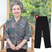 자칠자칠 여성 여름 빅사이즈 반소매 셔츠 중년 장년 50대 60대 70대 80대 반팔 셔츠 세트 할머니옷 엄마옷 자수 무늬