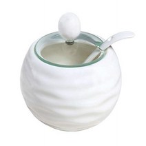 Ceramics Weave Sugar Bowl Storage Jar Seasoning Pot with Spoon and Glass Lid, 1