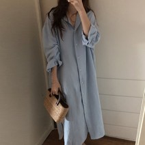 FANSYLI 캐주얼 린넨 셔츠 스커트 봄 가을 빅사이즈 루즈핏 셔츠 롱 원피스 2A12