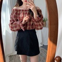 뮤즐리 체크 뒷리본 스퀘어넥 오프숄더 어깨퍼프 블라우스 (아이보리 레드)