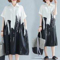 TANC탕크중년여성 빅사이즈 나염 셔츠형 롱 원피스 반팔 여름
