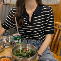 데이홀릭 2079-2 여성 봄여름 제너 스트라이프 카라 반팔니트