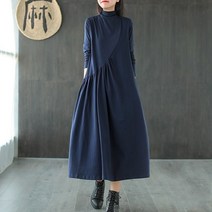 도오빠 뷰플영 여성 롱 원피스 루즈핏 오버핏 터틀넥 긴팔 주름 셔링 폴라 반목 무지 편안한 봄 가을 중년 여자원피스 롱드레스