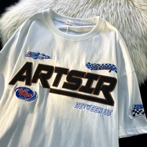 힙합 루즈핏 레이싱 팀복 오토바이 박시 티셔츠 ARTSIR 아메리칸 레트로 슈트 자수 반팔 남성 조수 브랜드 하이 스트리트 스타일 커플