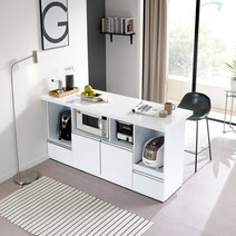 인조대리석 브로디 아일랜드 조리대 홈바 식탁 수납장, 바디(화이트), 대리석(화이트)
