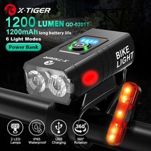 전기 자전거야간라이딩 킥보드브레이크등 헤드 라이트 전조등 X-TIGER 자전거 USB 충전식 LED 손전등 방수 1500 LM As 보조베터리 테일, CHINA, QD-0201T
