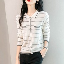 스타일아유 봄 가을 여성 스트라이프 카라넥 긴팔 니트