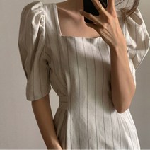 스퀘어넥 H라인 퍼프반팔 세로스트라이프 원피스