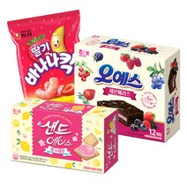 해태 오예스 세븐베리즈 384g+농심 딸기 바나나킥 60g+샌드에이스 핑크레몬 204g(총3개) 봄신상과자 딸기과자, 3개