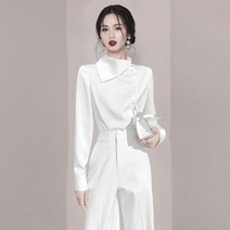 [DCONE]프렌치 프리미엄 소크라운 디자인 감각 셔츠 2022 가을 겨울 여성복 고급감 흰색 긴 소매 공단 셔츠