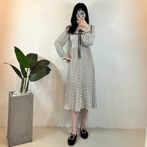 봄 여성 사각 라인 카라 플리츠 롱 원피스