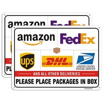 외부용 2팩 패키지 배송 표지판 패키지를 상자에 넣으십시오 - 아마존 DHL UPS USPS 지침 금속 (25.4cm x 17.8cm) 녹 방지 알루미늄 방수 실내/실외 사용