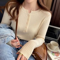 감성갤러리 여성 단추 포인트 슬림 골지 긴팔 티셔츠