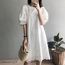 바보사랑 (허니시스터) 엘치트 펀칭 레이스 반팔 퍼프 롱 원피스 (M L) .허니비
