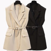 JUSTFEELING 직장 여성 더블 칼라 정장 조끼 무지 허리벨트 세미 양복 베스트 출근복 90KG까지