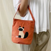 오감인류 여성 여자 가벼운 고양이 자수 포인트 미니 작은 에코백 나일론 천가방 손가방 패브릭 보조 가방 데일리백 캐주얼백 토트백