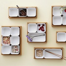 트래블앤쿡 사각 분할 디저트 나눔접시 소스 반찬 그릇 세라믹 서빙접시 우드트레이 세트 6종, 01 사각그리드프레터_정2