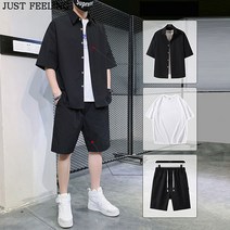 JUST FEEL!NG 오버핏 남성 캐주얼 반팔티+ 반바지+ 반팔 셔츠 불라우스 3피스 남자 여자 커플룩 츄리닝 운동복