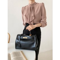 두꺼운크레이프원단 셔링 주름보타이 블라우스