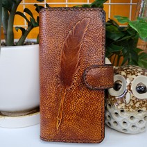 여기공방 수제통가죽 폰케이스(연브라운 깃털엠보)
