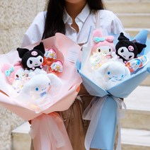 산리오 시나모롤 쿠로미 마이멜로디 킨더조이꽃다발 인형꽃다발 LED 꽃다발 선물 졸업식 입학식 발표회 연주회 학예회 유치원 어린이집 꽃선물 행사 단체, 블루 산리오 3종 세트 꽃다발