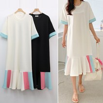 러브포텐 여성 빅사이즈 반팔 롱원피스 프릴배색 포인트 러블리 여름 셔링원피스 2컬러 여자 반팔 여름 홈웨어 원피스