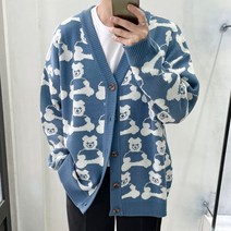 라운지21 남자 오버핏 곰돌이 자가드 니트 가디건