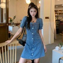 블루 데님 허리 슬림 A라인 여름 퍼프 반팔 스퀘어넥 캐주얼 청 미니 원피스 SH