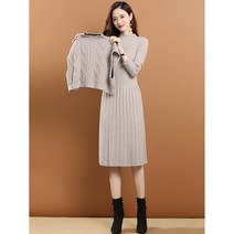 도톰한 니트 투피스 무릎 위 원피스 용 허리라인 슬림 반목 롱겨울용원피스 오피스원피스 여자니트원