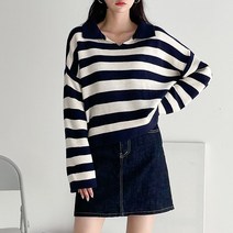 뜨개진 여성용 루즈핏 스트라이프 양두 카라 브이 스텔라 카라넥 니트