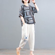 중년여성 린넨 상하의 세트 여성 면 빅사이즈 자수 반팔티