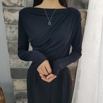 상상그이상 여성용 국내제작 오프셔링 긴팔 블라우스 티셔츠 드레이프 간절기 하객룩 격식있는 편하면서 여성스러운 보트넥 주름티 여리여리 데이트룩