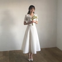 웨딩드레스 브이넥 새틴 심플 슬림 웨딩드레스 미디엄 롱 고급 신부 드레스 원피스