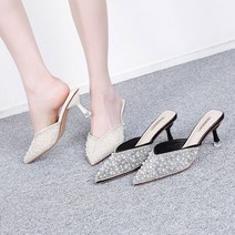 런슈즈 블링블링 진주 큐빅 스틸레토 미들힐 뮬 슬리퍼힐 6.5cm
