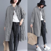 WAWAMOM(특허브랜드) 빅사이즈 여성 긴팔 셔츠 여자 헨리넥 체크 롱셔츠 원피스 블라우스 오피스룩 린넨남방 BTW14y