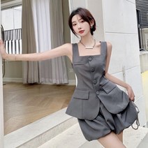 블라우스 상하의 플리츠 여성 반바지 캐쥬얼 치마 셔츠 프렌치 스트리트 수트 투피스 원버튼 조끼 높이