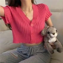 프릴 데일리 크롭 반팔 니트 가디건 골지 티 여름 여성 여자 썸머 탑 브이넥 레이스