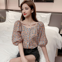 포린박스 캐주얼 브이넥 버블소매 꽃무늬 블라우스 SH