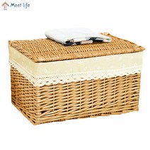 Meet life 천연 등나무 수납 바구니 덮개 손잡이 손뜨개질, 50*35*30cm, 꿀빛