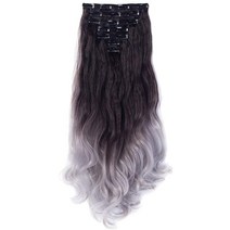 [정품] LELINTA 7피스 클립 16개 61cm(24인치) 웨이브 컬리 풀 헤드 클립, Dark Brown To Silver Grey