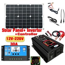 태양광발전기 태양열 6000w 수정 사인파 인버터 전압 변환기 12v 220v + 18w 태양 전지 패널 + 30a 컨트롤러 태양 광 발전 시스템, 블랙-12v  220v