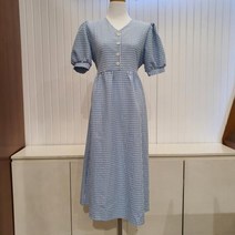 헤이린뉴욕 헤이린뉴욕 [부천뉴코아] 체크 단추 벌룬 A자 블루 롱원피스