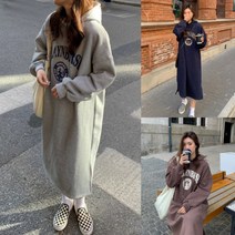 위즈덤 여성 기모 루즈핏 후드 롱 원피스 free