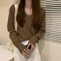 베러댓걸 여성용 봄 가을 도톰 마레 단추장식 긴팔 니트 브이넥