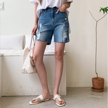 기타브랜드 네쥬 여성 여름 밴딩 컷팅 찢어진 데님 4부 청 반바지