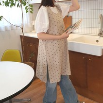 방가지똥 앞치마 단추없는 통원피스 베이지핑크꽃 바이오워싱린넨 앞치마, 1개