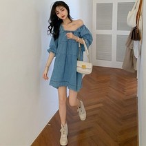 포린박스 스퀘어넥 벌룬 데님 청 A라인 플레어 미니 원피스 SY